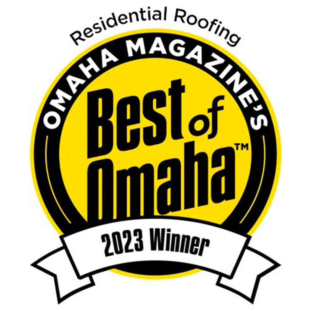 Best of Omaha 2023 award for residential roofing printed on a yellow badge.