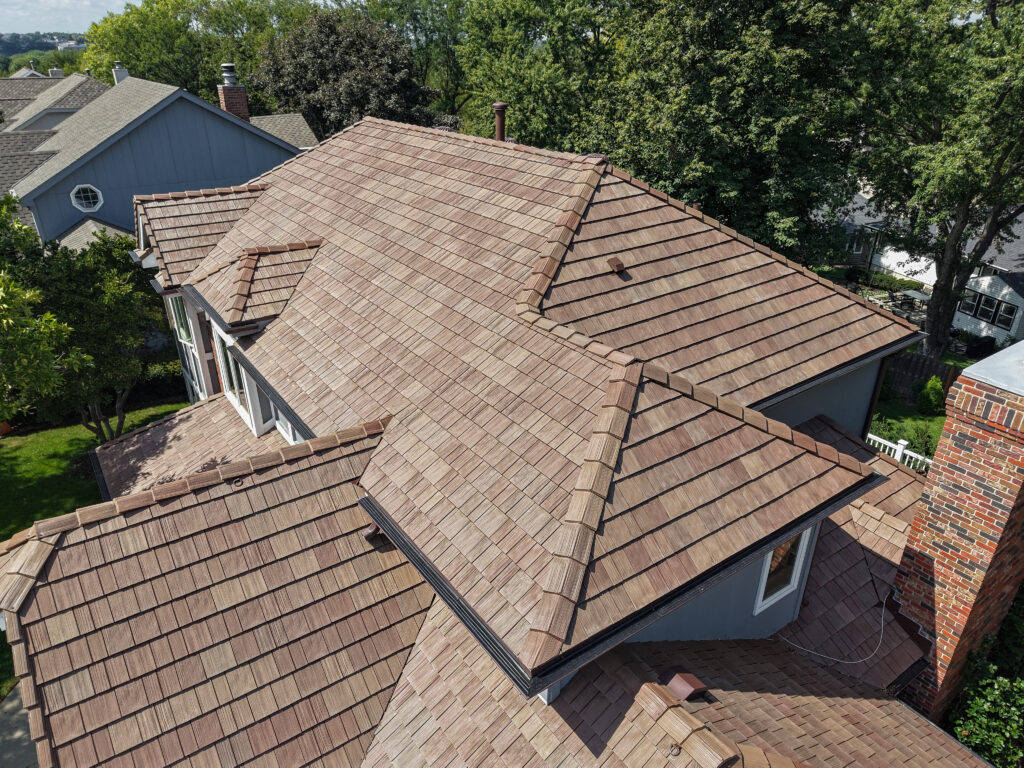 A residential roof replaced with DaVinci roof by Moose Roofing based in Omaha, NE