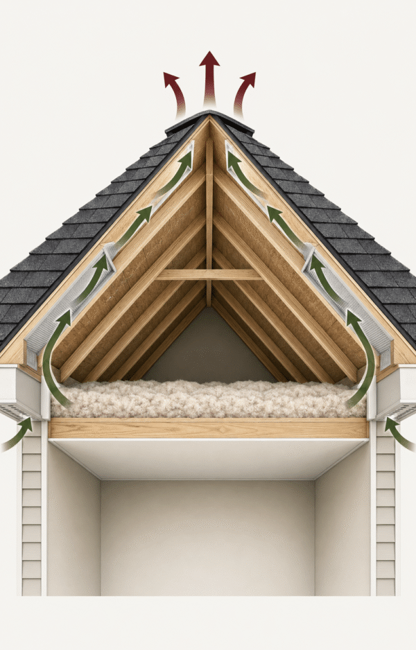 Attic ventilation system showing airflow beneath a residential roof