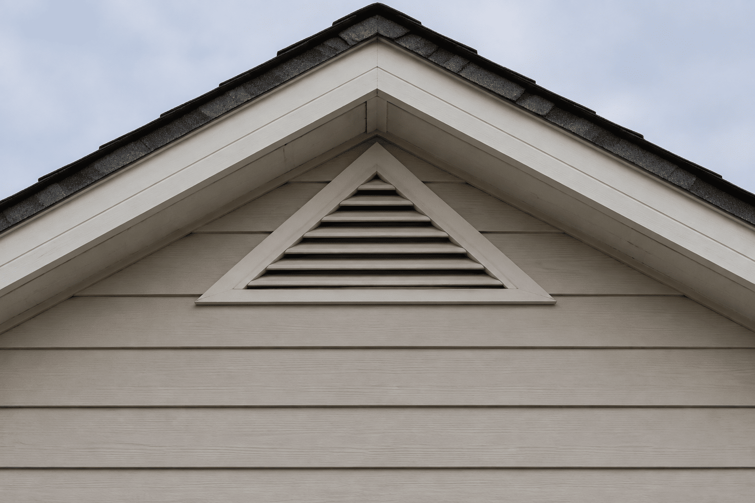 Triangular gable vent beneath a residential roof peak