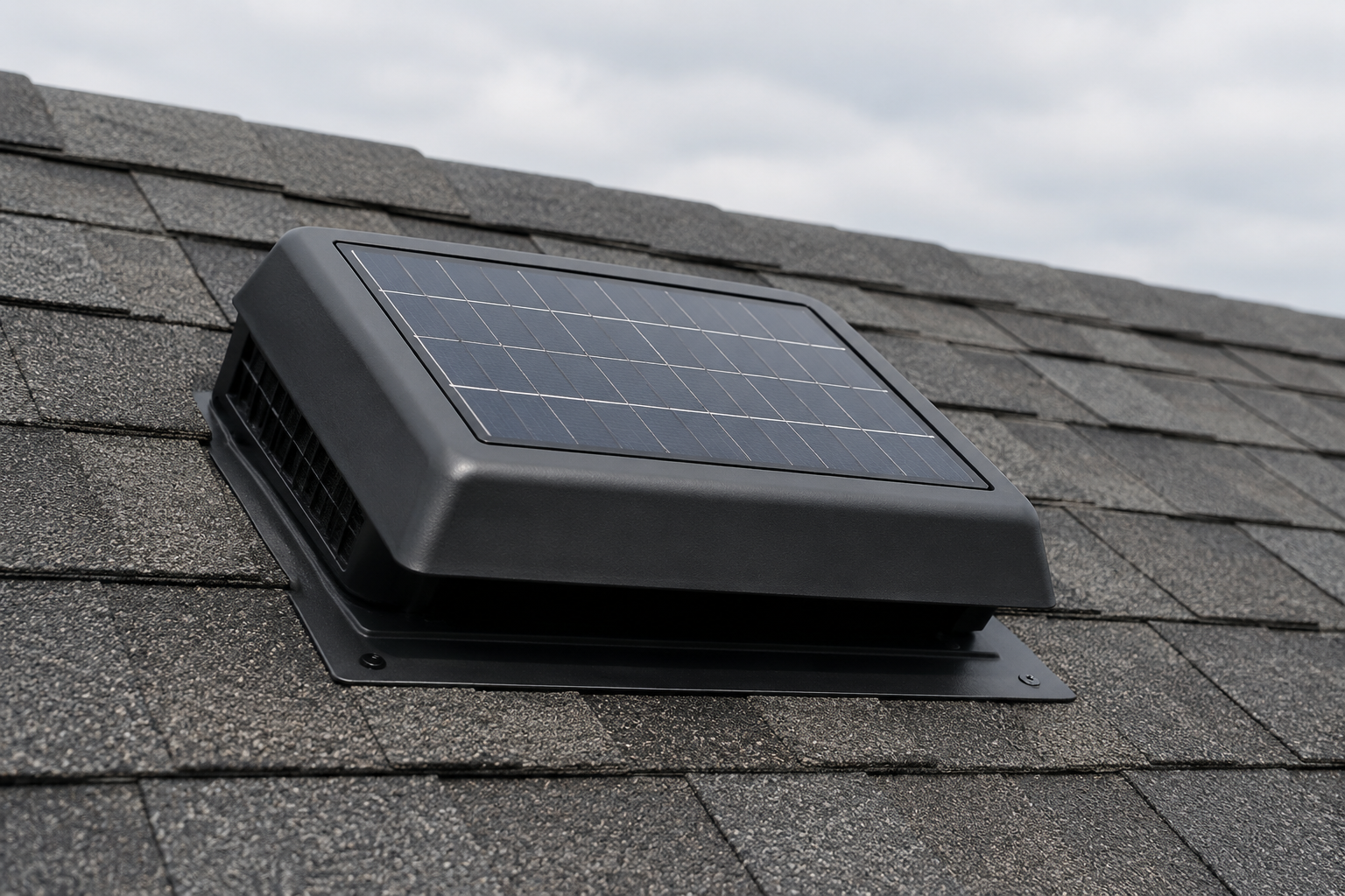 Solar-powered exhaust vent installed on a roof