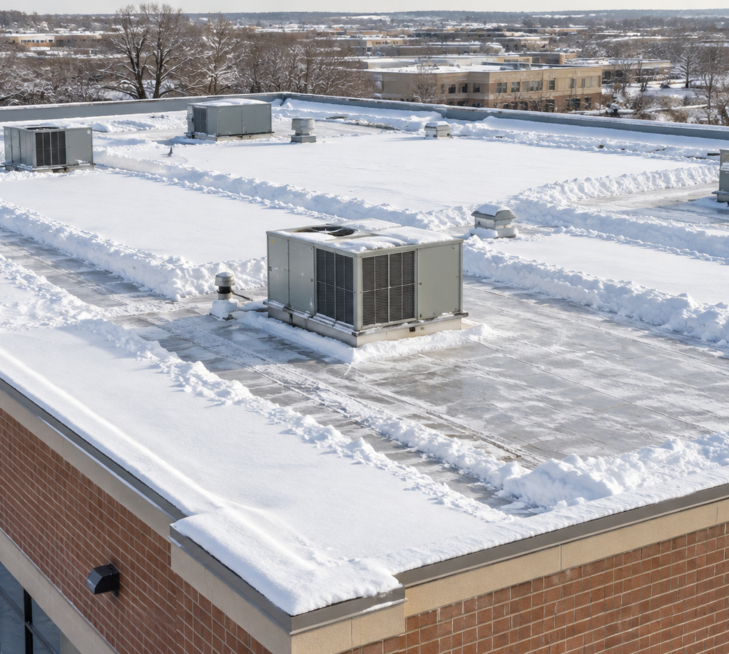 Snow accumulation on a commercial roof in Omaha Nebraska